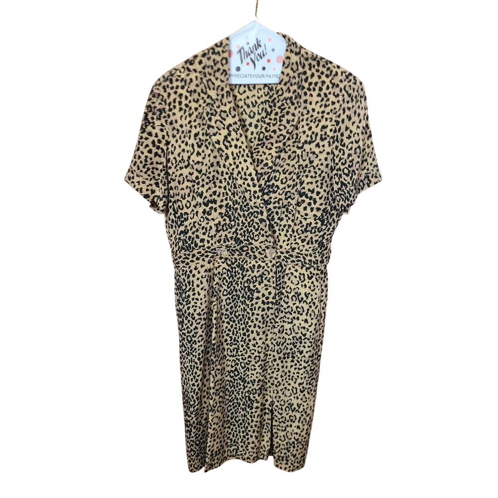 Vintage Leopard Print 100% Silk Midi Dress Short Sleeve Size 10